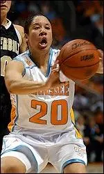 Kara Lawson kicks the ball out during a game against Vanderbilt
