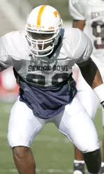 Parys Haralson participates in Senior Bowl practice.