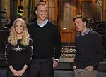In this photo released by NBC, 'Saturday Night Live' cast member Jason Sudeikis, right, joins Indianapolis Colts quarterback Peyton Manning, center, and 'American Idol' winner Carrie Underwood on the set of 'Saturday Night Live' in New York. They taped a spot promoting the Saturday, March 24 telecast. (AP Photo/NBC, Dana Edelson)