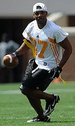 Former UT wide receiver Peerless Price was one of about 30 lettermen who participated in a flag football game at halftime of Saturday's Orange and White Game in Neyland Stadium.