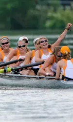 The Varsity 8+ celebrates after winning the V8+ championship, as well as clinching the C-USA crown.