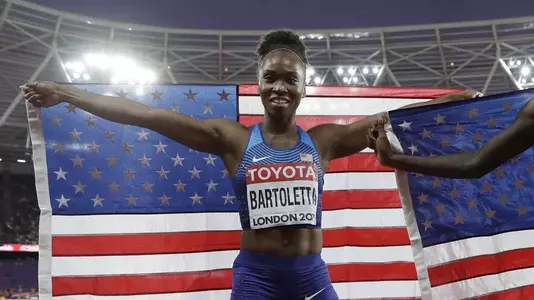 United States’ gold medal winner Brittney Reese, right, and United States’ bronze medal winner Tianna Bartoletta, left, celebrate after the women’s long jump final during the World Athletics Championships in London Friday. Matthias Schrader — The Associated Press