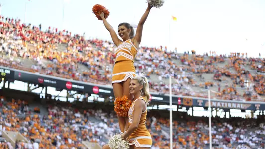 KNOXVILLE, TN - SEPTEMBER 30, 2017 - Tennessee Cheerleaders during the game between the Georgia Bulldogs and the Tennessee Volunteers at Neyland Stadium in Knoxville, TN. Photo By