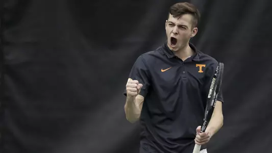KNOXVILLE, TN - FEBRUARY 09, 2018 - Timo Stodder of the Tennessee Volunteers during the match between the Duke Blue Devils and the Tennessee Volunteers at Goodfriend Tennis Center in Knoxville, TN. Photo By Austin Perryman/Tennessee Athletics