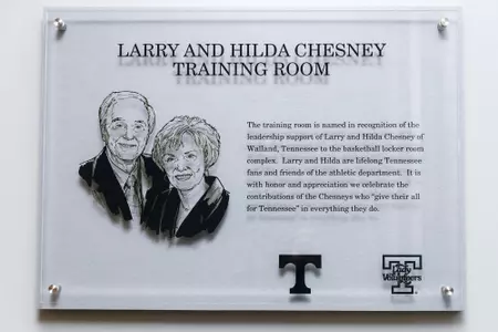 KNOXVILLE, TN - FEBRUARY 12, 2019 - Larry and Hilda Chesney Dedication Plaque in the training room of Thompson-Boling Arena in Knoxville, TN. Photo By Maury Neipris/Tennessee Athletics