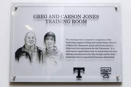 KNOXVILLE, TN - FEBRUARY 12, 2019 - Greg and Carson Jones Dedication Plaque in the training room of Thompson-Boling Arena in Knoxville, TN. Photo By Maury Neipris/Tennessee Athletics
