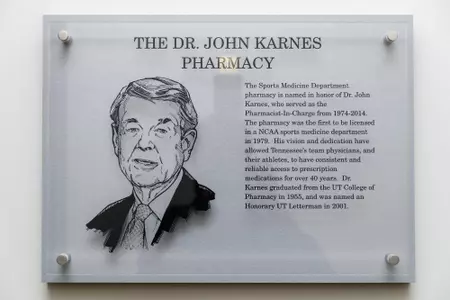 KNOXVILLE, TN - FEBRUARY 12, 2019 - Dr. John Karnes Pharmacy Dedication Plaque within the Anderson Training Center in Knoxville, TN. Photo By Maury Neipris/Tennessee Athletics