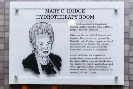 KNOXVILLE, TN - FEBRUARY 12, 2019 - Mary C. Hodge Hydrotherapy Room Dedication Plaque within the Anderson Training Center in Knoxville, TN. Photo By Maury Neipris/Tennessee Athletics