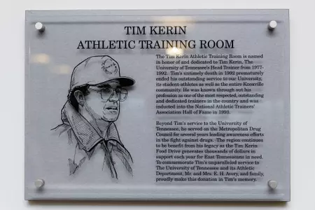 KNOXVILLE, TN - FEBRUARY 12, 2019 - Tim Kerin Athletic Training Room Dedication Plaque within the Anderson Training Center in Knoxville, TN. Photo By Maury Neipris/Tennessee Athletics