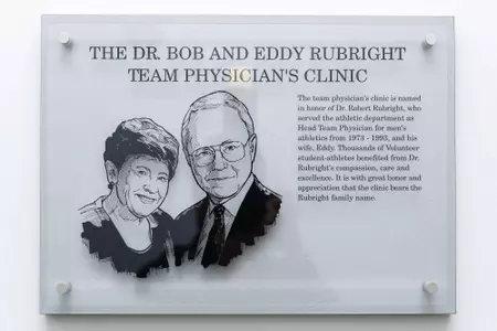 KNOXVILLE, TN - FEBRUARY 12, 2019 - Dr. Bob and Eddy Rubright Team Physician's Clinic Dedication Plaque within the Anderson Training Center in Knoxville, TN. Photo By Maury Neipris/Tennessee Athletics