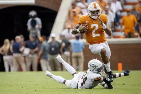 KNOXVILLE, TN - SEPTEMBER 15, 2018 - Quarterback Jarrett Guarantano #2 of the Tennessee Volunteers during the game between the UTEP Miners and the Tennessee Volunteers at Neyland Stadium in Knoxville, TN. Photo By Austin Perryman/Tennessee Athletics