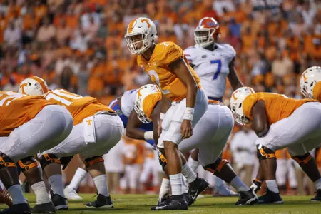 KNOXVILLE, TN - SEPTEMBER 22, 2018 - Quarterback Jarrett Guarantano #2 of the Tennessee Volunteers during the game between the Florida Gators and the Tennessee Volunteers at Neyland Stadium in Knoxville, TN. Photo By Maury Neipris/Tennessee Athletics