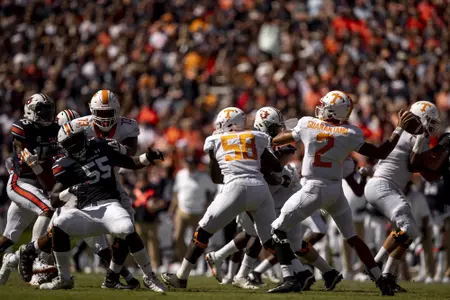 AUBURN, AL - OCTOBER 13, 2018 - Quarterback Jarrett Guarantano #2 of the Tennessee Volunteers during the game between the Auburn Tigers and the Tennessee Volunteers at Jordan-Hare Stadium in Auburn, AL. Photo By Andrew Ferguson/Tennessee Athletics