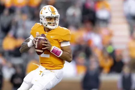 KNOXVILLE, TN - NOVEMBER 17, 2018 - Quarterback Jarrett Guarantano #2 of the Tennessee Volunteers during the game between the Missouri Tigers and the Tennessee Volunteers at Neyland Stadium in Knoxville, TN. Photo By Andrew Ferguson/Tennessee Athletics