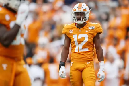 KNOXVILLE, TN - OCTOBER 12, 2019 - Defensive back Shawn Shamburger #12 of the Tennessee Volunteers during the game between the Mississippi State Bulldogs and the Tennessee Volunteers at Neyland Stadium in Knoxville, TN. Photo By Jake Bradshaw/Tennessee Athletics
