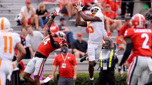 ATHENS, GA - OCTOBER 10, 2020 - Wide receiver Josh Palmer #5 of the Tennessee Volunteers during the game between the Georgia Bulldogs and the Tennessee Volunteers at Sanford Stadium in Athens, GA. Photo By Andrew Ferguson/Tennessee Athletics