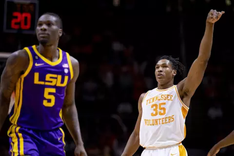 KNOXVILLE, TN - JANUARY 04, 2020 - Forward Yves Pons #35 of the Tennessee Volunteers during the game between the LSU Tigers and the Tennessee Volunteers at Thompson-Boling Arena in Knoxville, TN. Photo By Andrew Ferguson/Tennessee Athletics