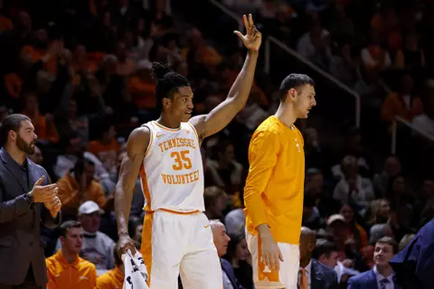 KNOXVILLE, TN - JANUARY 21, 2020 - Forward Yves Pons #35 of the Tennessee Volunteers during the game between the Ole Miss Rebels and the Tennessee Volunteers at Thompson-Boling Arena in Knoxville, TN. Photo By Caleb Jones/Tennessee Athletics
