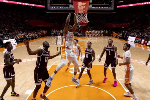 KNOXVILLE, TN - JANUARY 28, 2020 - Forward Yves Pons #35 of the Tennessee Volunteers during the game between the Texas A&M University Aggies and the Tennessee Volunteers at Thompson-Boling Arena in Knoxville, TN. Photo By Andrew Ferguson/Tennessee Athletics