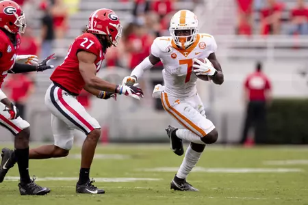 ATHENS, GA - OCTOBER 10, 2020 - Wide receiver Brandon Johnson #7 of the Tennessee Volunteers during the game between the Georgia Bulldogs and the Tennessee Volunteers at Sanford Stadium in Athens, GA. Photo By Andrew Ferguson/Tennessee Athletics