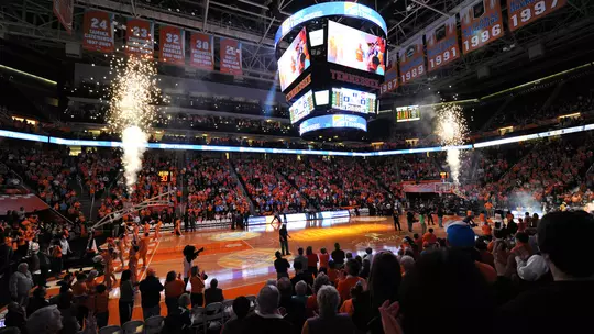 KNOXVILLE, TN - FEBRUARY 02, 2012 - Wide shot of the court and fireworks before the game between the South Carolina Gamecocks and the Tennessee Lady Volunteers at Thompson-Boling Arena in Knoxville, TN. Photo By Wade Rackley