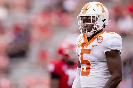 ATHENS, GA - OCTOBER 10, 2020 - Defensive back Kenneth George Jr. #5 of the Tennessee Volunteers during the game between the Georgia Bulldogs and the Tennessee Volunteers at Sanford Stadium in Athens, GA. Photo By Andrew Ferguson/Tennessee Athletics
