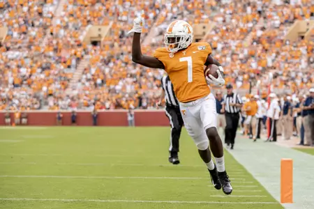 KNOXVILLE, TN - SEPTEMBER 14, 2019 - Wide receiver Brandon Johnson #7 of the Tennessee Volunteers during the game between the Chattanooga Mocs and the Tennessee Volunteers at Neyland Stadium in Knoxville, TN. Photo By Andrew Ferguson/Tennessee Athletics