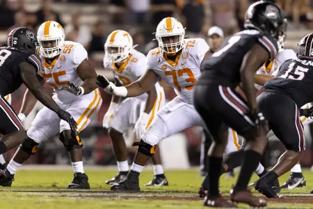 COLUMBIA, SC - SEPTEMBER 26, 2020 - Offensive lineman Trey Smith #73 of the Tennessee Volunteers during the game between the South Carolina Gamecocks and the Tennessee Volunteers at Williams-Brice Stadium in Columbia, SC. Photo By Andrew Ferguson/Tennessee Athletics