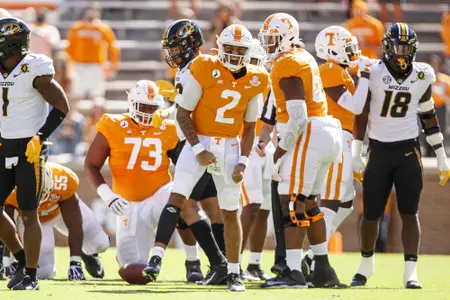KNOXVILLE, TN - OCTOBER 03, 2020 - Quarterback Jarrett Guarantano #2 of the Tennessee Volunteers during the game between the Missouri Tigers and the Tennessee Volunteers at Neyland Stadium in Knoxville, TN. Photo By Caleb Jones/Tennessee Athletics