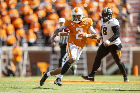 KNOXVILLE, TN - OCTOBER 03, 2020 - Quarterback Jarrett Guarantano #2 of the Tennessee Volunteers during the game between the Missouri Tigers and the Tennessee Volunteers at Neyland Stadium in Knoxville, TN. Photo By Caleb Jones/Tennessee Athletics