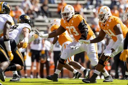 KNOXVILLE, TN - OCTOBER 03, 2020 - Offensive lineman Trey Smith #73 of the Tennessee Volunteers during the game between the Missouri Tigers and the Tennessee Volunteers at Neyland Stadium in Knoxville, TN. Photo By Andrew Ferguson/Tennessee Athletics