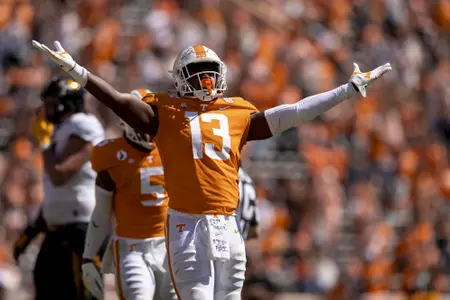 KNOXVILLE, TN - OCTOBER 03, 2020 - Linebacker Deandre Johnson #13 of the Tennessee Volunteers during the game between the Missouri Tigers and the Tennessee Volunteers at Neyland Stadium in Knoxville, TN. Photo By Andrew Ferguson/Tennessee Athletics