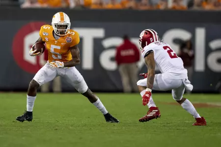 JACKSONVILLE, FL - JANUARY 02, 2020 - Wide receiver Josh Palmer #5 of the Tennessee Volunteers during the TaxSlayer Gator Bowl game between the Indiana Hoosiers and the Tennessee Volunteers at TIAA Bank Field in Jacksonville, FL. Photo By Andrew Ferguson/Tennessee Athletics