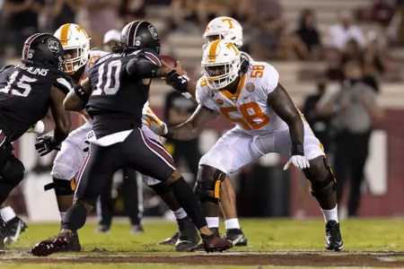 COLUMBIA, SC - SEPTEMBER 26, 2020 - Offensive lineman Jahmir Johnson #58 of the Tennessee Volunteers during the game between the South Carolina Gamecocks and the Tennessee Volunteers at Williams-Brice Stadium in Columbia, SC. Photo By Andrew Ferguson/Tennessee Athletics