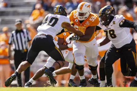 KNOXVILLE, TN - OCTOBER 03, 2020 - Offensive lineman Brandon Kennedy #55 of the Tennessee Volunteers during the game between the Missouri Tigers and the Tennessee Volunteers at Neyland Stadium in Knoxville, TN. Photo By Kate Luffman/Tennessee Athletics