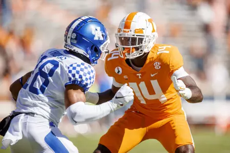 KNOXVILLE, TN - OCTOBER 17, 2020 - Defensive back Key Lawrence #14 of the Tennessee Volunteers during the game between the Kentucky Wildcats and the Tennessee Volunteers at Neyland Stadium in Knoxville, TN. Photo By Caleb Jones/Tennessee Athletics