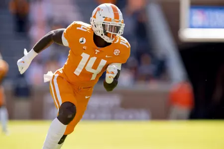 KNOXVILLE, TN - OCTOBER 17, 2020 - Defensive back Key Lawrence #14 of the Tennessee Volunteers during the game between the Kentucky Wildcats and the Tennessee Volunteers at Neyland Stadium in Knoxville, TN. Photo By Andrew Ferguson/Tennessee Athletics