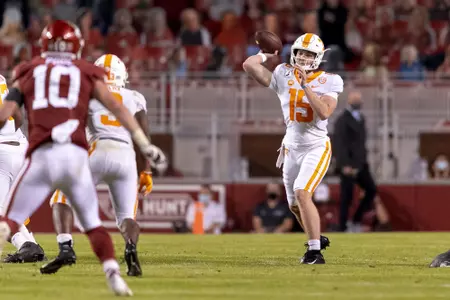 FAYETTEVILLE, AR - NOVEMBER 07, 2020 - Quarterback Harrison Bailey #15 of the Tennessee Volunteers during the game between the Arkansas Razorbacks and the Tennessee Volunteers at Razorback Stadium in Fayetteville, AR. Photo By Andrew Ferguson/Tennessee Athletics