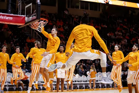 KNOXVILLE, TN - JANUARY 21, 2020 - Forward Uros Plavsic #34 and the Tennessee Volunteers before the game between the Ole Miss Rebels and the Tennessee Volunteers at Thompson-Boling Arena in Knoxville, TN. Photo By Caleb Jones/Tennessee Athletics
