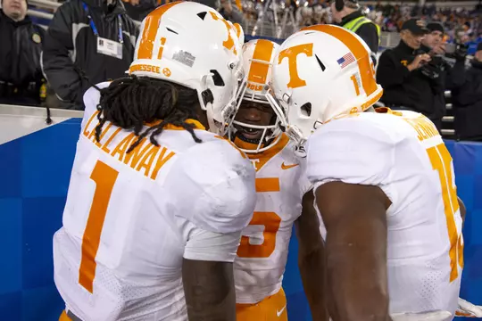 LEXINGTON, KY - NOVEMBER 09, 2019 - Wide receiver Marquez Callaway #1, Wide receiver Josh Palmer #5, and Wide receiver Jauan Jennings #15 of the Tennessee Volunteers during the away game between the Kentucky Wildcats and the Tennessee Volunteers at Kroger Field in Lexington, KY. Photo By Andrew Ferguson/Tennessee Athletics