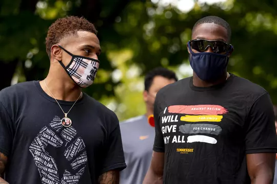 KNOXVILLE, TN - AUGUST 29, 2020 - Defensive back Alontae Taylor #2 and Wide receiver Josh Palmer #5 of the Tennessee Volunteers during the March on UT in Knoxville, TN. Photo By Andrew Ferguson/Tennessee Athletics