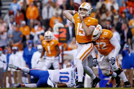 KNOXVILLE, TN - DECEMBER 05, 2020 - Quarterback Harrison Bailey #15 of the Tennessee Volunteers during the game between the Florida Gators and the Tennessee Volunteers at Neyland Stadium in Knoxville, TN. Photo By Kate Luffman/Tennessee Athletics