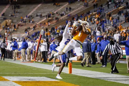 KNOXVILLE, TN - DECEMBER 05, 2020 - Wide receiver Velus Jones Jr. #1 of the Tennessee Volunteers during the game between the Florida Gators and the Tennessee Volunteers at Neyland Stadium in Knoxville, TN. Photo By Caleb Jones/Tennessee Athletics