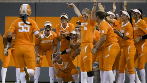 KNOXVILLE, TN - MAY 19, 2017 - The Tennessee Volunteers Softball Team celebrates Meghan Gregg's homerun during the NCAA Regional Tournament game between the Longwood Lancers and the Tennessee Volunteers at Sherri Parker Lee Stadium in Knoxville, TN. Photo By Austin Perryman/Tennessee Athletics