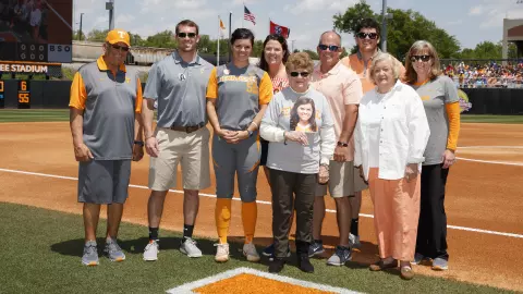 KNOXVILLE, TN - APRIL 28, 2018 - Infielder Meghan Gregg #55 of the Tennessee Lady Volunteers with family and Co-Head Coaches Karen and Ralph Weekly before the game between the Kentucky Wildcats and the Tennessee Lady Volunteers at Sherri Parker Lee Stadium in Knoxville, TN. Photo By Kyle Zedaker/Tennessee Athletics