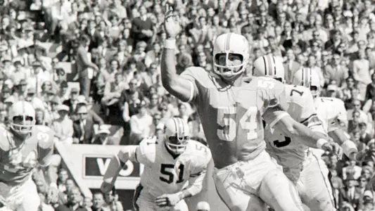 KNOXVILLE, TN - SEPTEMBER 30, 1967 - center Bob Johnson #54 and quarterback Dewey Warren #16 of the Tennessee Volunteers during the game between the Auburn Tigers and the Tennessee Volunteers at Neyland Stadium in Knoxville, TN. Photo by UT Video & Photography