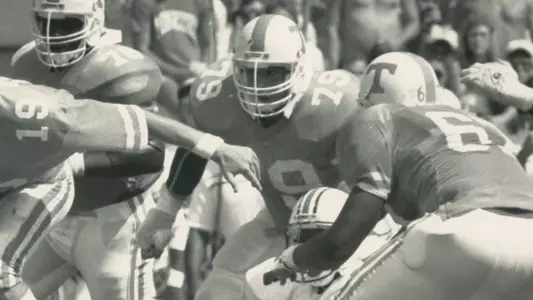 KNOXVILLE, TN - Quarterback Jeff Francis #19 of the Tennessee Volunteers, Guard Eric Still #79 of the Tennessee Volunteers and Tackle Kevin Simons #67 of the Tennessee Volunteers during the game between the Auburn Tigers and the Tennessee Volunteers at Neyland Stadium in Knoxville, TN. Photo By Tennessee Athletics.