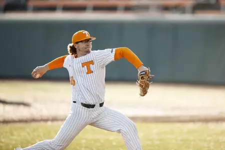 KNOXVILLE, TN - FEBRUARY 28, 2020 - Pitcher Chad Dallas #36 of the Tennessee Volunteers during the game between the George Washington Colonials and the Tennessee Volunteers at Lindsey Nelson Stadium in Knoxville, TN. Photo By Caleb Jones/Tennessee Athletics