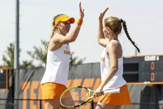 KNOXVILLE, TN - March 24th, 2019 - Tenika McGiffin and Maia Haumuller of the Tennessee Volunteers during the match between the Ole Miss Landsharks and the Tennessee Volunteers at Barksdale Tennis Stadium in Knoxville, TN. Photo By Sarah Keller/Tennessee Athletics