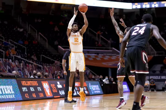 KNOXVILLE, TN - February 17, 2021 - Guard Victor Bailey Jr. #12 of the Tennessee Volunteers during the game between the South Carolina Gamecocks and the Tennessee Volunteers at Thompson?Boling Arena in Knoxville, TN. Photo By Andrew Ferguson/Tennessee Athletics